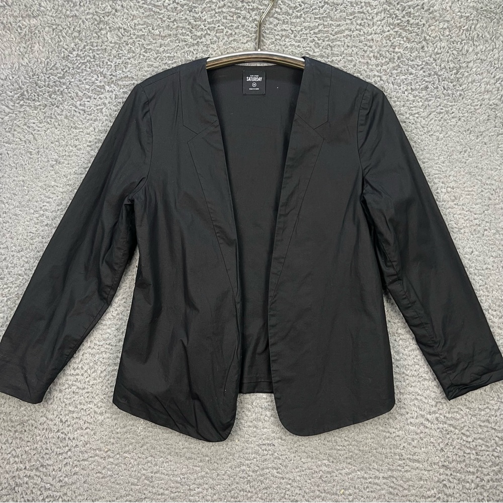 KATE SPADE Saturday Black Blazer Size XS Cotton‎ Open Front Seamed Lapel Jacket